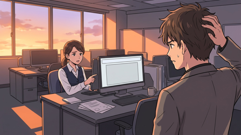 夕方のオフィスで、社員のWindowsパソコンの画面を前に、髪をかいて固まるユウタくん
